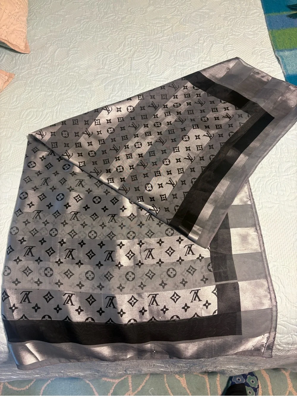 Louis Vuitton Gray and Black Monogram Silk Scarf